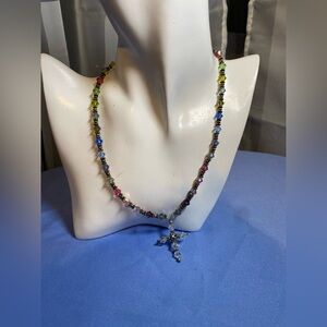 Vintage Multicolor Glass Bead 925 Sterling Silver Cross Pendant Necklace